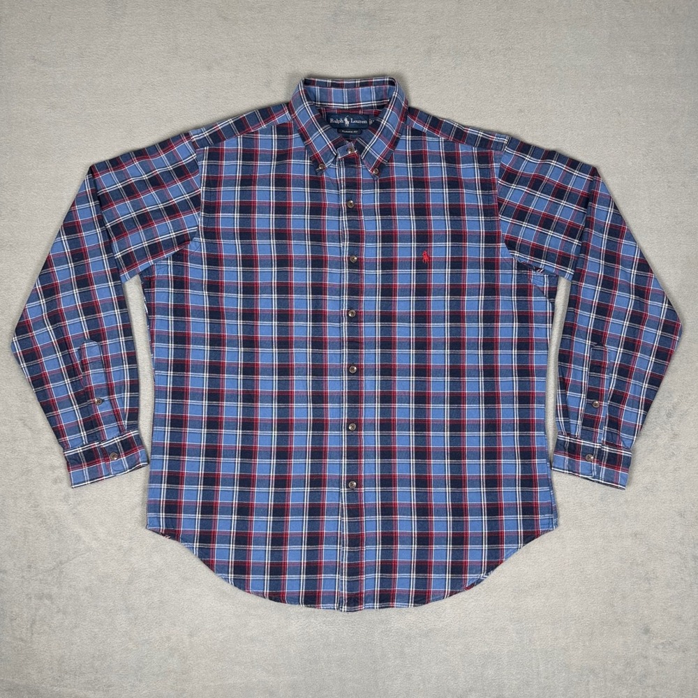 Polo Ralph Lauren Plaid Flannel Shirt Mens L Blue Red Classic Fit Button‎ Down